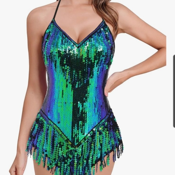 Sequin Fringe Sparkly Tassel Halter Bodysuit Leotard  Size XL - Picture 3 of 6